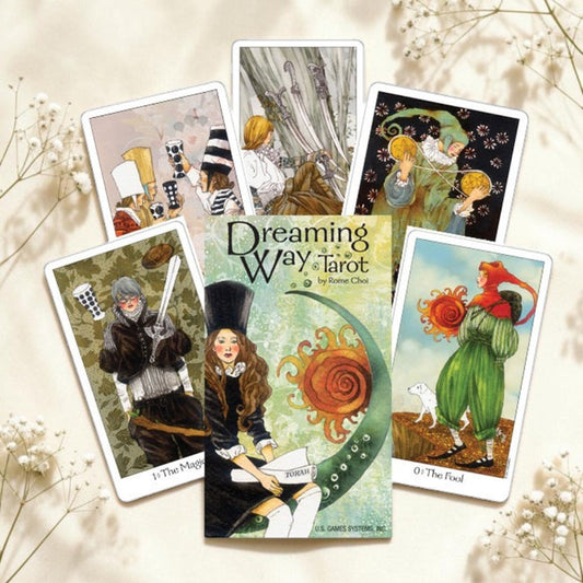 Set of tarot cards with a central card titled 'Dreaming Way Tarot' on a light background.
