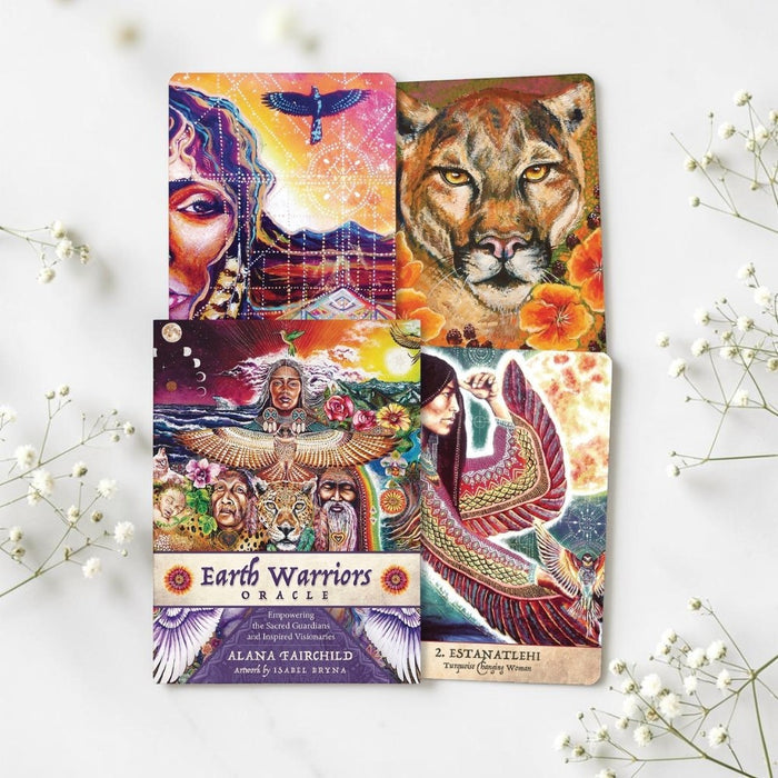 Earth Warriors Oracle cards on a white background with decorative elements