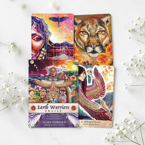 Earth Warriors Oracle cards on a white background with decorative elements