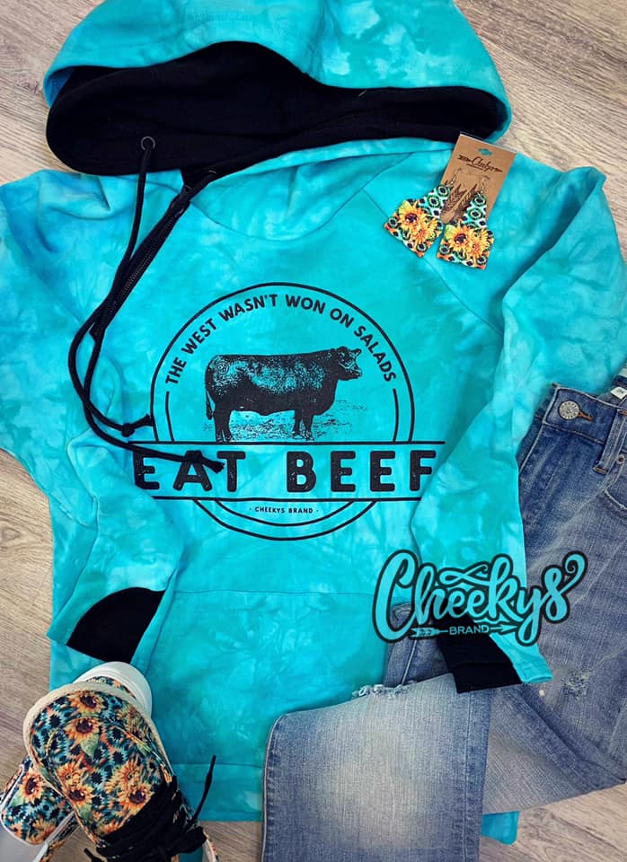 Eat Beef  Double Hooded Blue Turquoise  Sweatshirt
