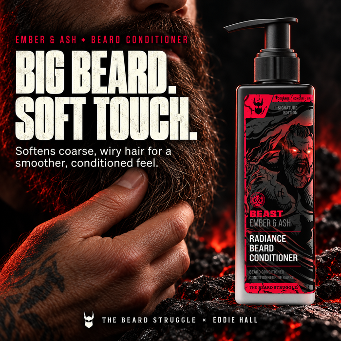 Beast Ember & Ash Radiance Beard Conditioner bottle next to a man running his hand through a thick dark beard, headline Big Beard Soft Touch