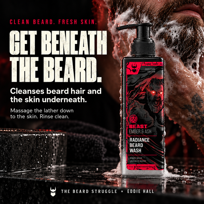 Beast Ember & Ash Radiance Beard Wash pump bottle beside a bearded man lathering his beard, headline Get Beneath the Beard