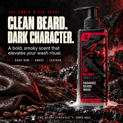 Beast Ember & Ash Beard Wash bottle on dark volcanic rock with leather and coffee beans, scent notes dark rum, smoke and leather