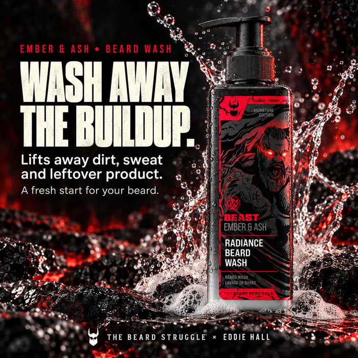 Beast Ember & Ash Beard Wash bottle in a splash of water on black rock, headline Wash Away the Buildup