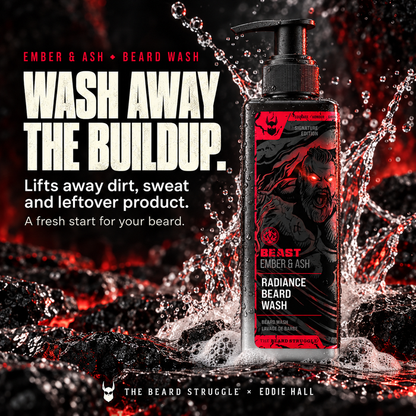 Beast Ember & Ash Beard Wash bottle in a splash of water on black rock, headline Wash Away the Buildup