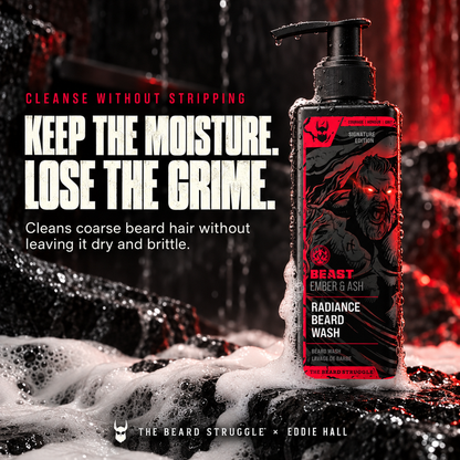 Beast Ember & Ash Beard Wash bottle in foam and water, headline Keep the Moisture, Lose the Grime