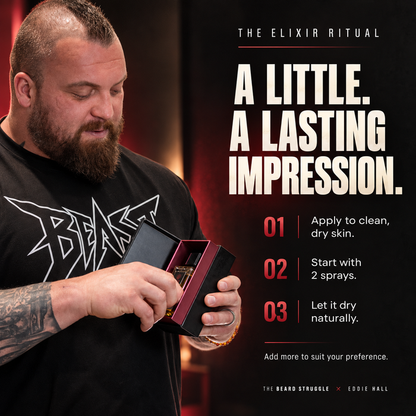 Eddie Hall opening the Beast Ember & Ash Elixir Spray box, three-step ritual: apply to clean dry skin, start with two sprays, let it dry