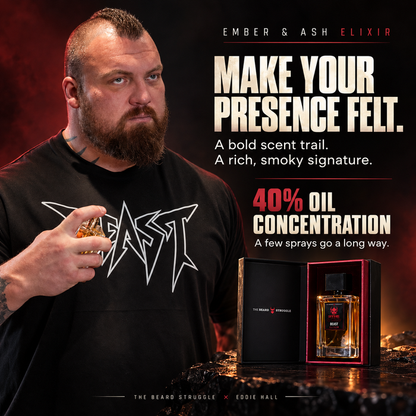 Eddie Hall applying Beast Ember & Ash Elixir Spray with the bottle and box in front, headline Make Your Presence Felt, 40% oil concentration