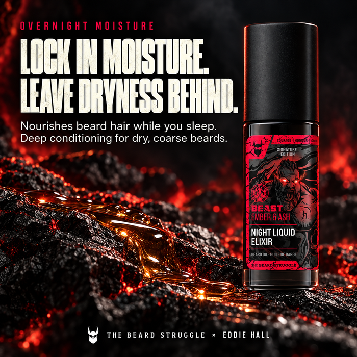 Beast Ember & Ash Night Liquid Elixir beard oil bottle with a stream of amber oil on black rock, headline Lock In Moisture