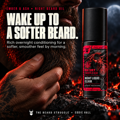 Beast Ember & Ash Night Liquid Elixir beard oil bottle beside a man stroking his beard, headline Wake Up to a Softer Beard
