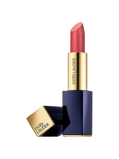 Pink lipstick in gold and navy blue case with visible logo, upright and open on white background