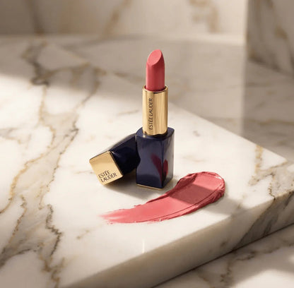 Matte pink lipstick in navy and gold tube with color swatch on marble surface