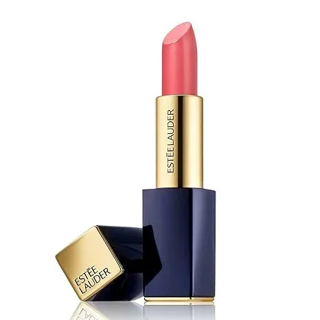 Pink matte lipstick in gold and navy case with lid beside, white background