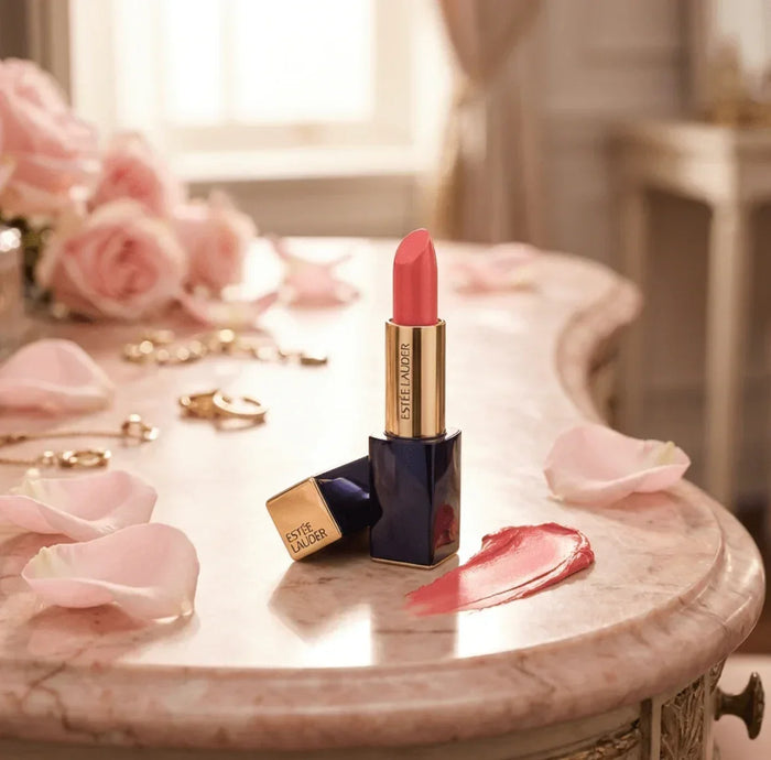 Matte pink lipstick tube on elegant vanity with rose petals and lipstick smear
