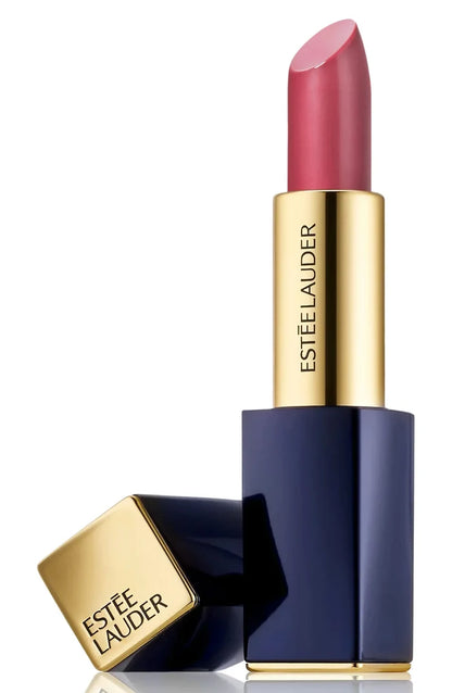 Pink sheer matte lipstick in gold and navy tube with matching cap on white background