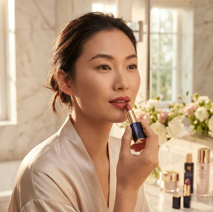 Woman applying mauve lipstick in bathroom, beauty products and flowers in background