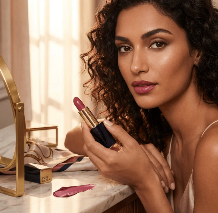 Woman applying mauve lipstick, holding lipstick near mirror on marble vanity, beauty product