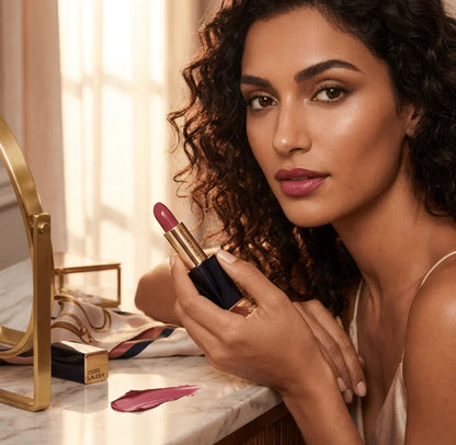 Woman applying mauve lipstick, holding lipstick near mirror on marble vanity, beauty product