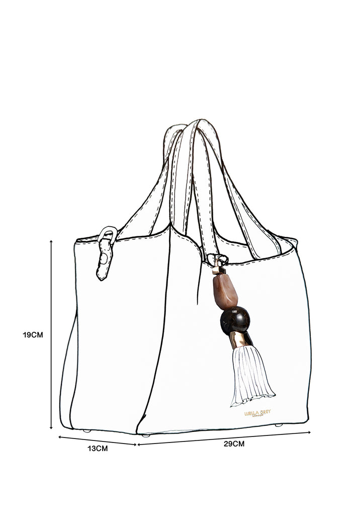 Line drawing design sketch of Etta Fawn faux leather Small Tote with Signature Mayfair Tassel charm closure detail