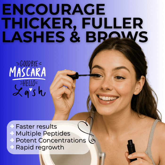 Woman applying a lash product, multiple peptides, potent concentrations, and rapid regrowth.
