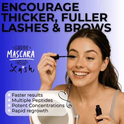 Woman applying a lash product, multiple peptides, potent concentrations, and rapid regrowth.