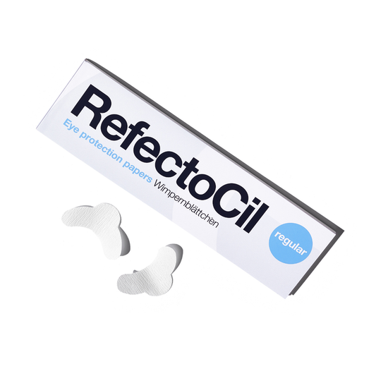 F008A Refectocil Eyelash Tint Under Eye Protection Paper | Booklet of RefectoCil regular eye protection papers with two white tear-shaped eye patches placed in front, on a clean white background.