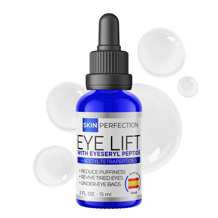 Bottle of Skin Perfection Eye Lift with Eyeseryl Peptide on a white background with opaque droplets