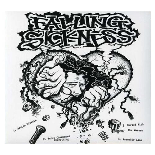 Black and white artwork for Falling Sickness features a cracked heart with a distressed face and hands bursting out. Above is the Falling Sickness logo; broken parts, screws, a setlist, and Dysentery are scrawled at the bottom. Brand: Falling Sickness.