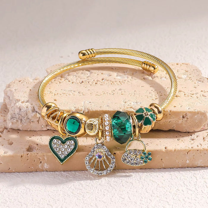 Fashion Stainless Steel Gold Green Charm Love Bracelet with Beaded Pendant Charms