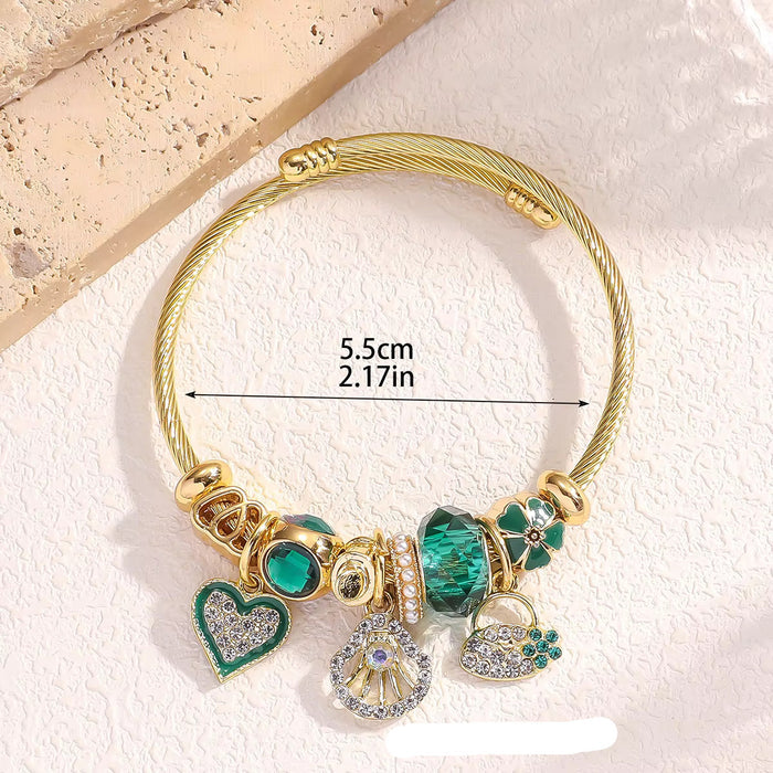 Fashion Stainless Steel Gold Green Charm Love Bracelet with Beaded Pendant Charms