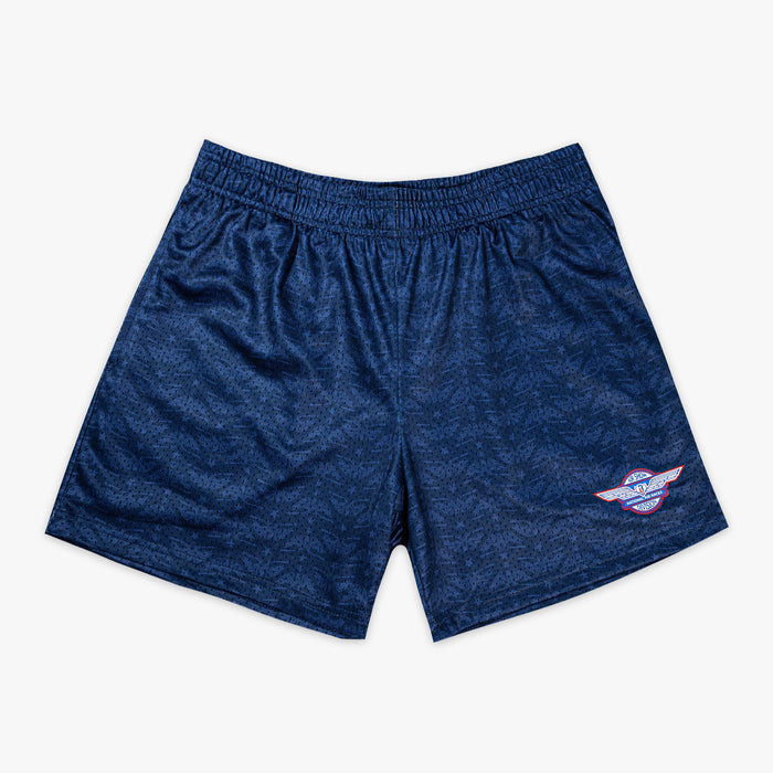Navy shorts with “Fastball Flight” design — front view