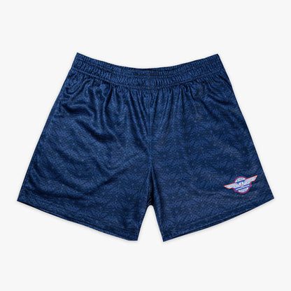Navy shorts with “Fastball Flight” design — front view