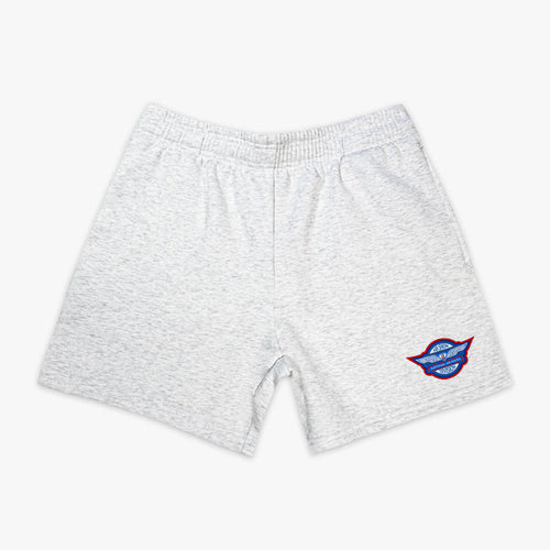 Heather gray fleece shorts with elastic waistband and Air Show National Air Races Division badge embroidered on left leg on white background