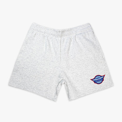 Heather gray fleece shorts with elastic waistband and Air Show National Air Races Division badge embroidered on left leg on white background