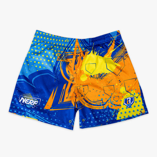 Blue, yellow and orange shorts with abstract design and 'NERF BL101' logo on a white background