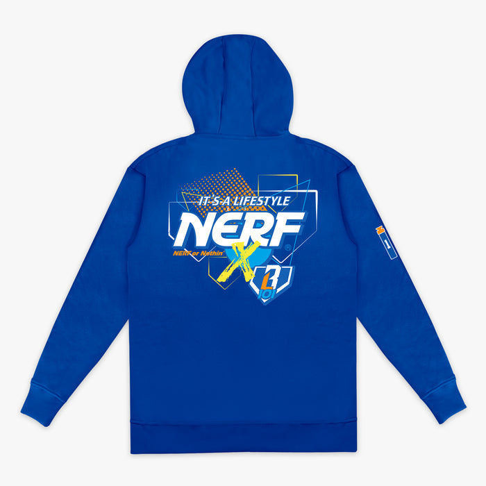 Blue hoodie with colorful NERF X BL01 branding on the back against a white background