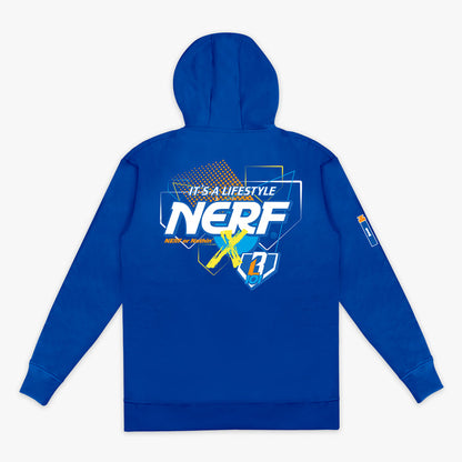 Blue hoodie with colorful NERF X BL01 branding on the back against a white background