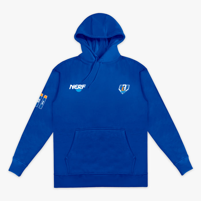 Blue hoodie with NERF BL101 branding on a white background