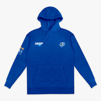 Blue hoodie with NERF BL101 branding on a white background