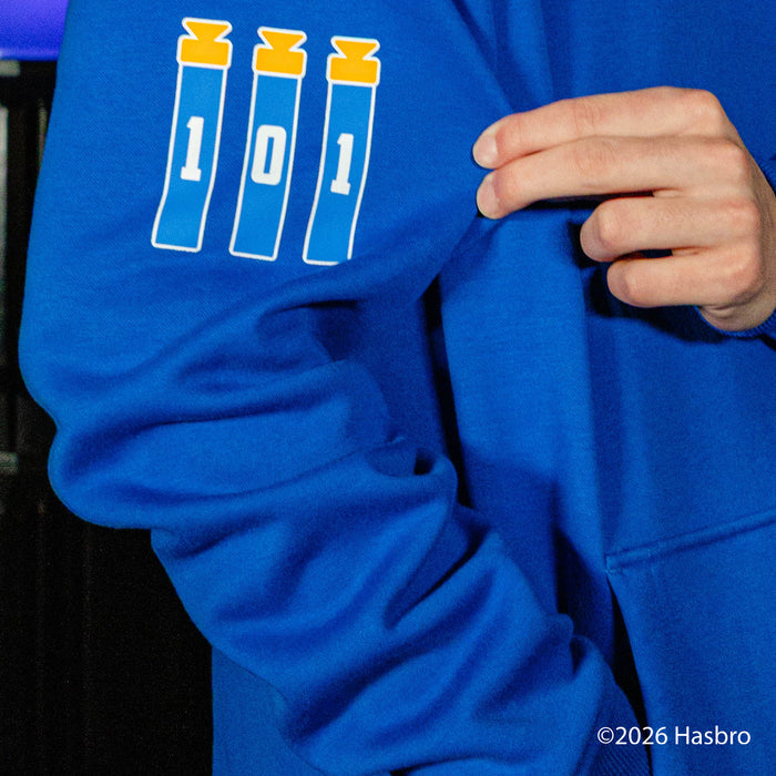 Blue hoodie with a logo featuring three vials and the number 101, with a hand holding the hood.