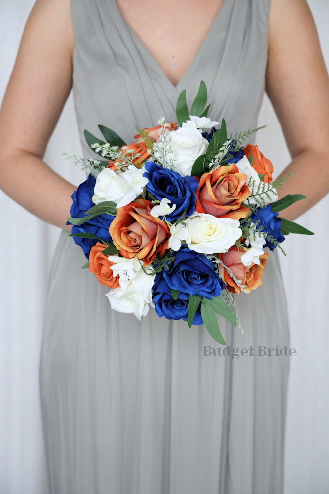 Faux Wedding Bouquet in Royal Blue and Orange - $58.50 | Duke Collection