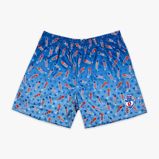 Red, white & blue shorts with “Firework Flyball” design — front view