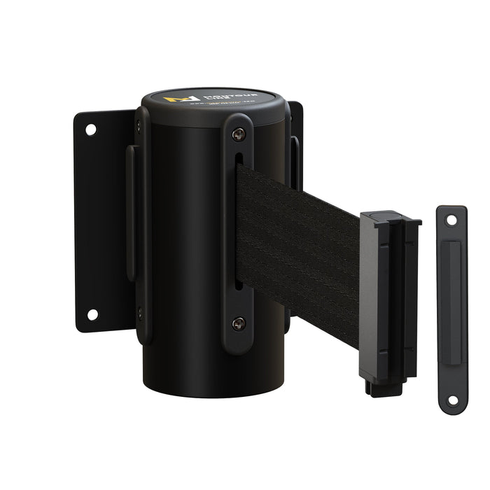 Fixed Wall Mount Retractable Belt Barrier with Fixed Belt End, Black Steel Case, 14 ft or 16 ft Belt - Montour Line WM215 - Crowd Control Warehouse
