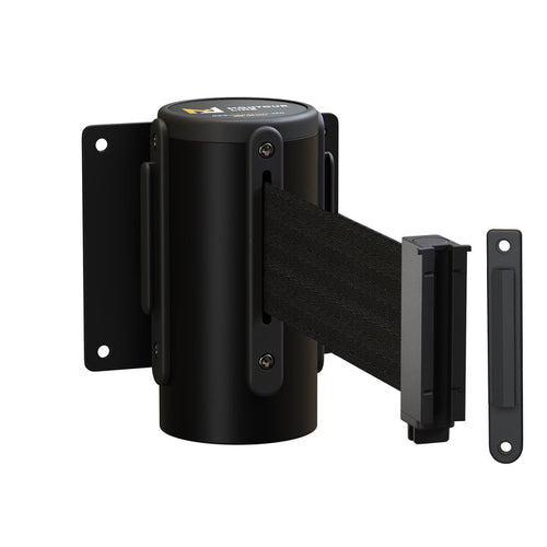 Fixed Wall Mount Retractable Belt Barrier with Fixed Belt End, Black Steel Case, 14 ft or 16 ft Belt - Montour Line WM215 - Crowd Control Warehouse