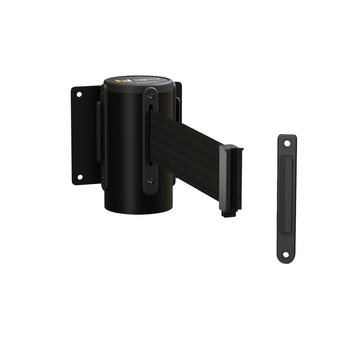 Fixed Wall Mount Retractable Belt Barrier with Fixed Belt End, Black Steel Case, 14 ft or 16 ft Belt - Montour Line WM215 - Crowd Control Warehouse