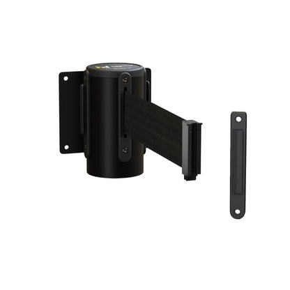 Fixed Wall Mount Retractable Belt Barrier with Fixed Belt End, Black Steel Case, 14 ft or 16 ft Belt - Montour Line WM215 - Crowd Control Warehouse