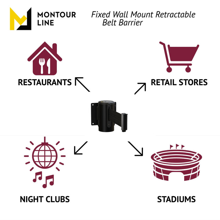 Fixed Wall Mount Retractable Belt Barrier with Fixed Belt End, Black Steel Case, 14 ft or 16 ft Belt - Montour Line WM215 - Crowd Control Warehouse