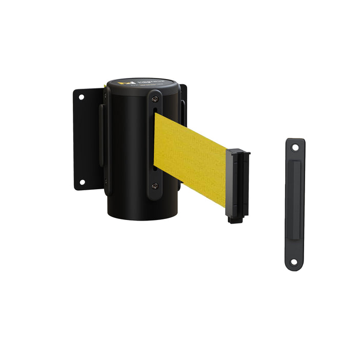 Fixed Wall Mount Retractable Belt Barrier with Fixed Belt End, Black Steel Case, 14 ft or 16 ft Belt - Montour Line WM215 - Crowd Control Warehouse