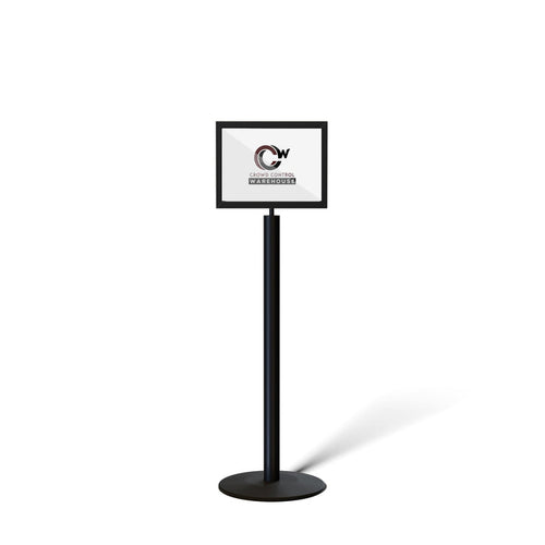 Floor Standing Sign Frame, Black Post, Steel Low Profile Base - Crowd Control Warehouse