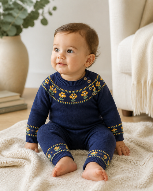 Baby Girl Wearing Floral Fair Isle Knit Baby Jumpsuit, Organic Cotton by Viverano